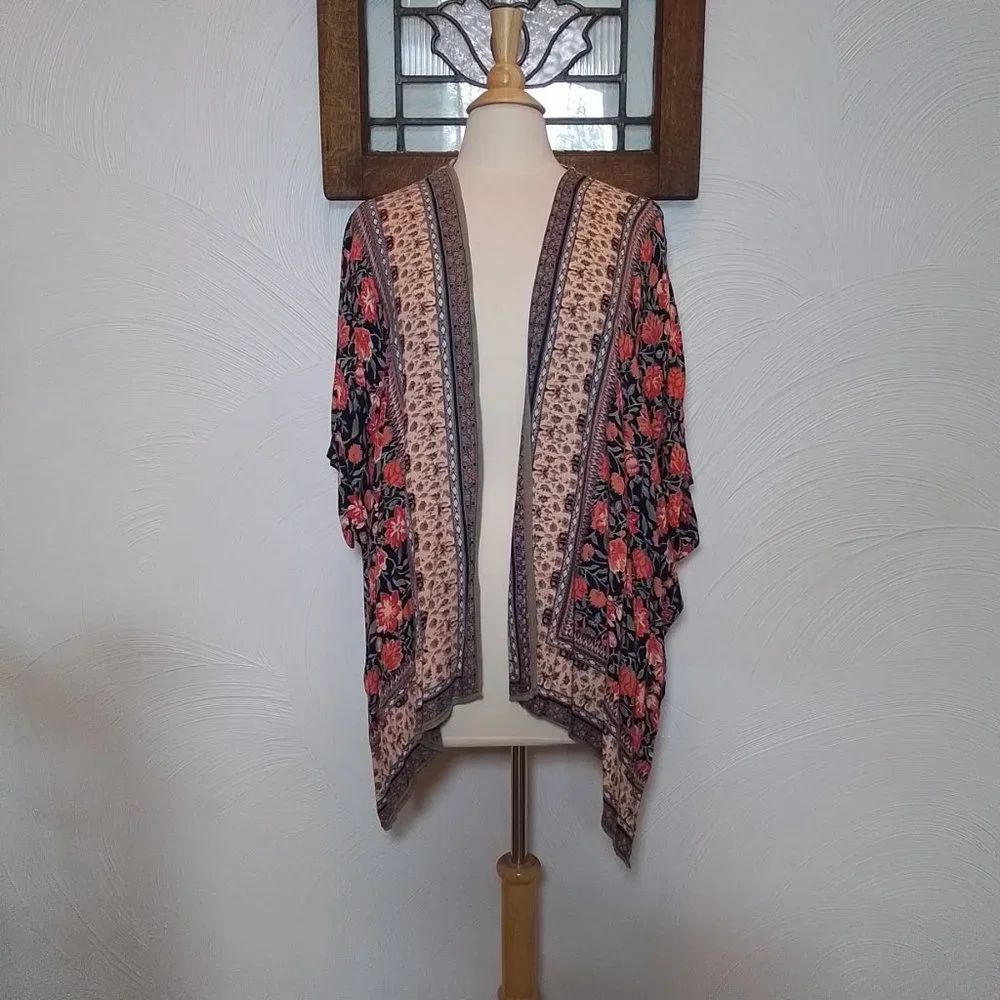 Angie Boho Floral Kimono Open Front Navy Blue & Pink size M - Picture 2 of 6